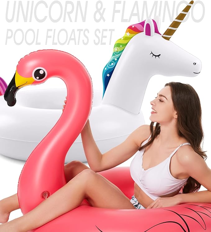Inflatable Unicorn Flamingo Pool Floats - Jasonwell 2 Pack Pool Floaties Inflatables Rafts for Swimming Pool Tubes for Floating Lake Beach Floaty Swim Rings Pool Party Toys for Adults Kids