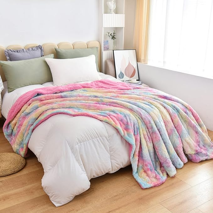 NEWCOSPLAY Super Soft Faux Fur Blanket Queen Size Light Rainbow Sherpa Fuzzy Plush Warm Blanket for Sofa Bed (Light Rainbow, Queen(90"x90"))