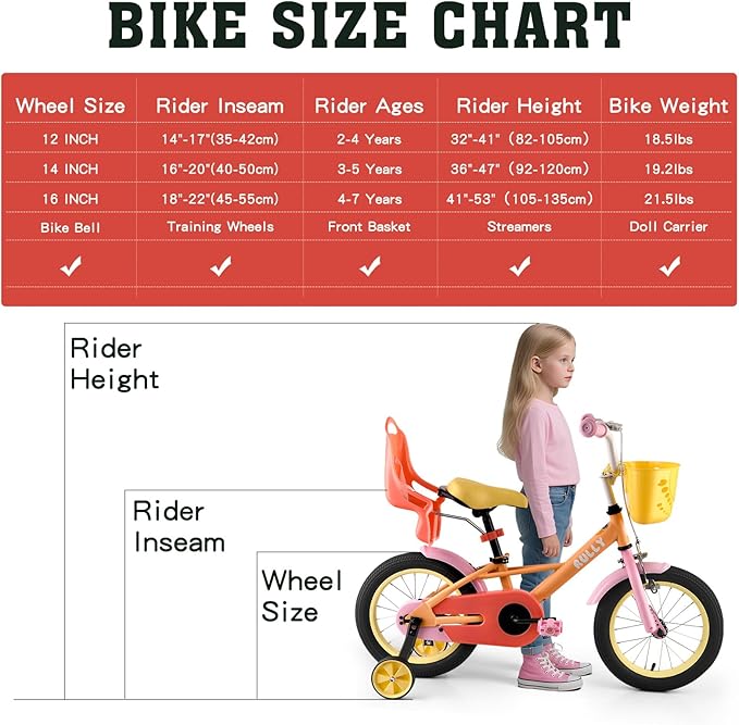 RULLY 12 14 16 Inch Kids Bike for 2-7 Years Girls 33-53 Inch Tall, Toddler Bicycle with Training Wheels & Coaster Brake, Rainbow Bike, Macarons