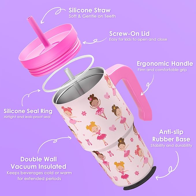 Ballerina Tumbler 20oz with Handle and Silicone Straw Lid for Kid, Insulated Stainless Steel Cup, Gift for Kids Girls, Gifts Idea for Birthday Christmas Back to School