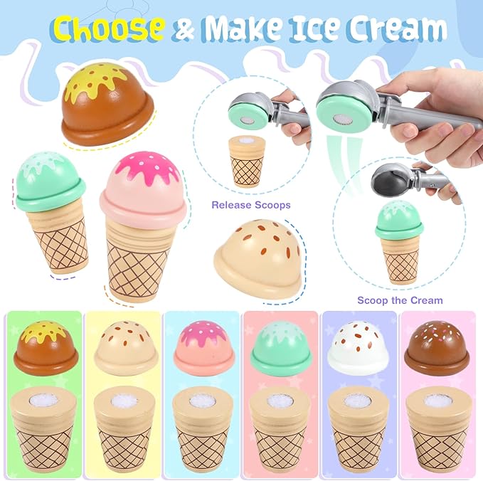 Ice Cream Toy, Wooden Ice Cream Toys for Kids Toddlers, Pretend Play Kitchen Food Toys, Wooden Play Store Counter Shop Playset for Toddlers, Toy Gift for 3 4 5 6 7 8 Year Old Girls Boys