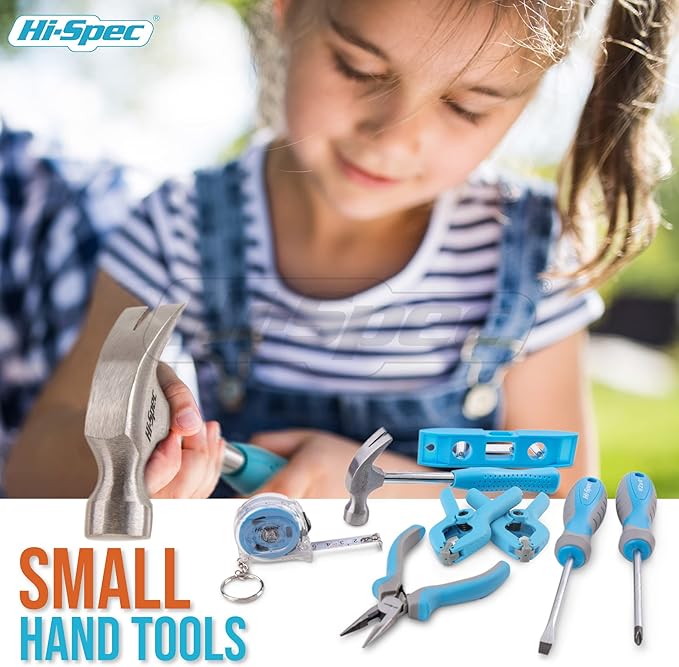Hi-Spec 18pc Blue Kids Tool Kit Set & Child Size Tool Bag. Real Metal Hand Tools for DIY Building, Woodwork & Construction