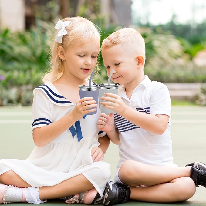Stainless Steel Kids Cups with Lids and Straws Leakproof, 2 Pack 12oz Spill Proof Cups for Toddlers Kids Tumblers Unbreakable Sippy Cup with Straws for School, Outdoor (Dark Gray & Gray)