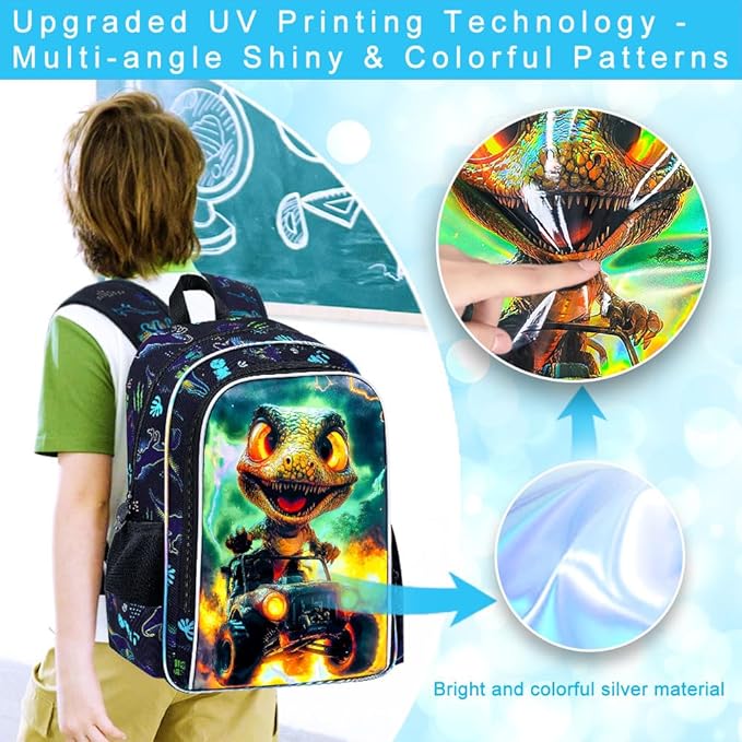 16" Dinosaur Backpack for Boy, 3Pcs Truck Bookbag with Lunch Box, Kids School Backpacks for Elementary Preschool Kindergarten (Black)