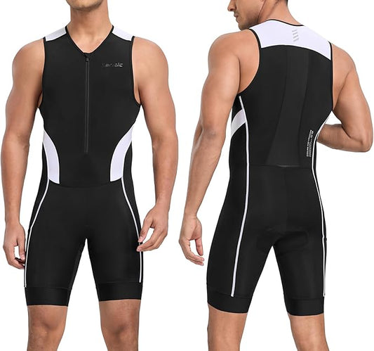 Santic Men's Triathlon Suit Sleeveless Skinsuit Padded Quick-Dry Swim Bike Run with Pockets
