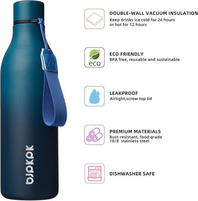 BJPKPK Insulated Water Bottles, 25 oz Stainless Steel Metal Water Bottle with Strap, BPA Free Leak Proof Thermos, Mugs, Flasks, Reusable Water Bottle for Sports & Travel, Sea