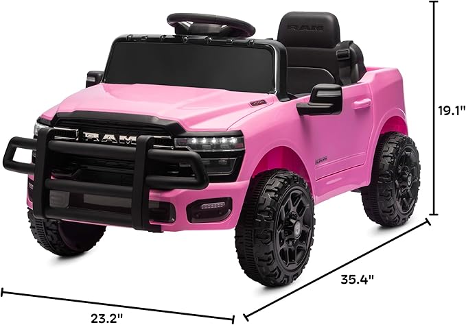 Kidzone Ride On Truck for Kids, Licensed RAM 3500 12V Battery Powered Electric Car Toy with Remote Control, LED Lights, Bluetooth Music & Rear Suspension - Pink