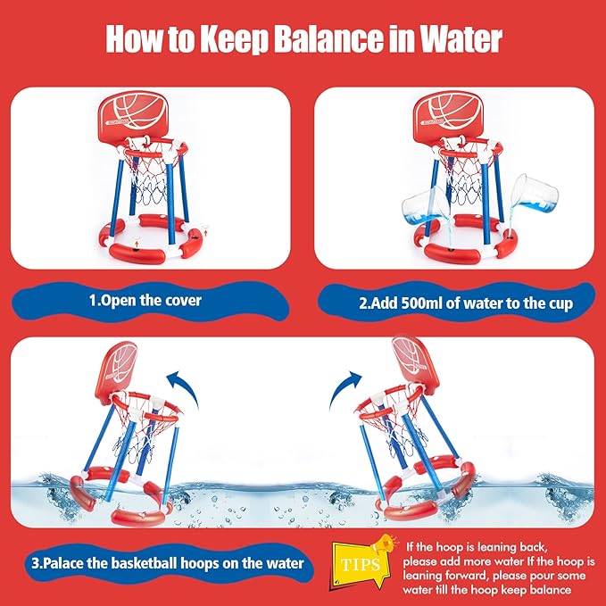 Pool Basketball Hoop with Backboard, Floating Pool Toy for Kids, Inflatbale Pool Basketball Outdoor Toys with 4 Balls & Pump for Swimming Pool, Water Summer Game for Kids Adults, Red