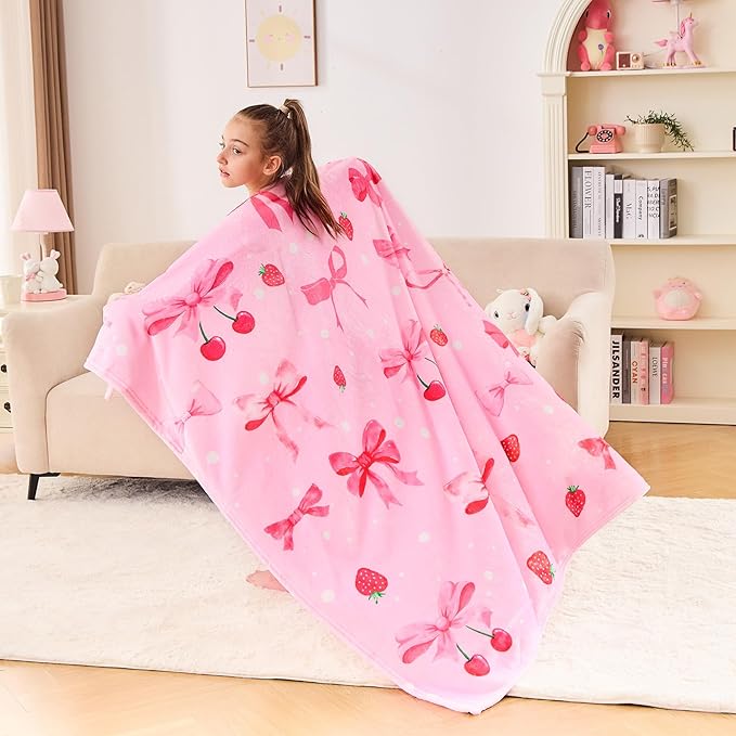 Wajade Strawberry Bow Gifts for Boys Girls - Strawberry Bow Blanket Birthday Christmas Decor for Kids Age 3 4 5 6 7 8 9 10 11 12 Years Old Teens Child Toddler Throw Light Grey 50"x60"