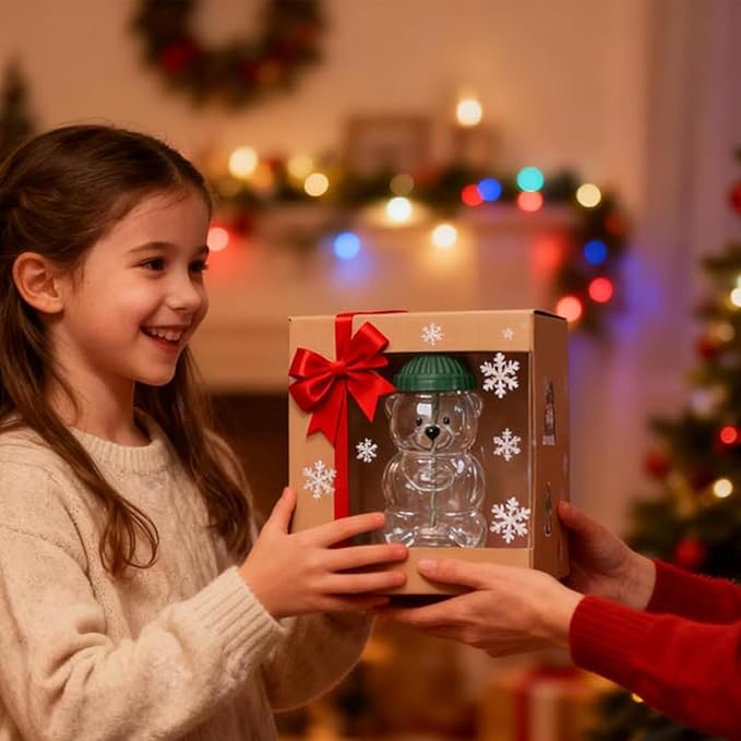 Glass Bear Cup, Bear Straw Cup,20oz Borosilicate Glass Baby Mug with Lid,Cute Mugs Bears Sippy Cups Coffee Milk & Tea Drinks Glassware for Christmas