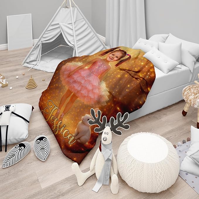 Personalized Fairy Tale Baby Blanket, Custom Photo Blanket with Name, Pink Tutu Dress Design, Soft Fleece Throw, for Baby Girl