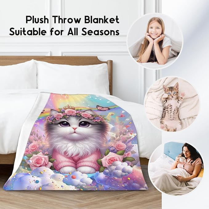 Kids Blankets Blanket with Cat - 30x40 Inches Cozy Soft Flannel Throw Gifts for Couch, Bedroom