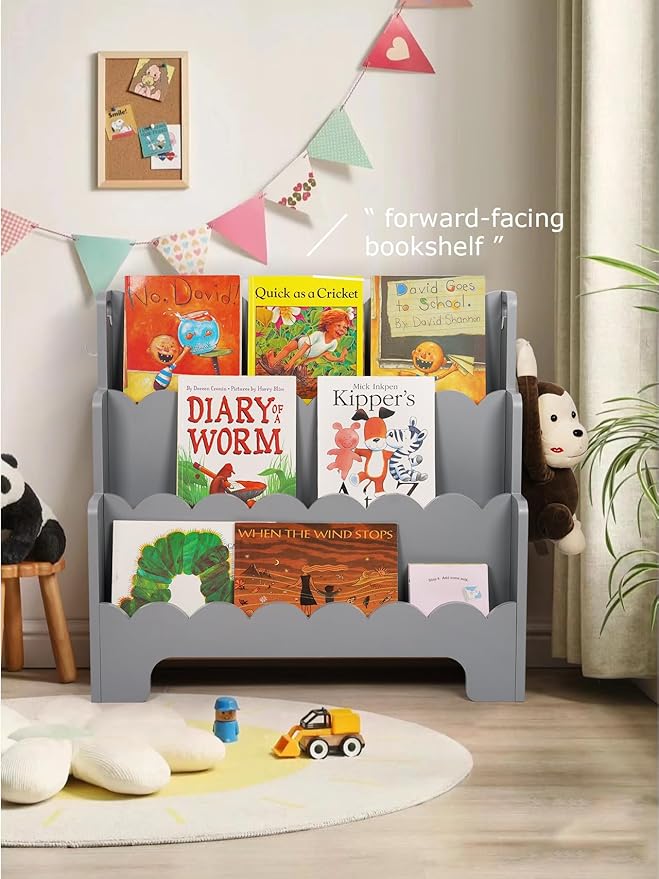 Kids Bookshelf Wooden 3-Tier, Scalloped Book Shelf for Kids Rooms, Front Facing Toddler Montessori Bookshelf, Baby Nursery Book Shelves Kid Classroom Book Shelf Bookcase