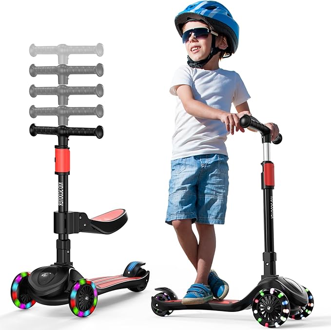 2-in-1 Adjustable Kick Scooter for Kids 3-5 (Suitable 3-12 Years),5-Level Handlebar & Removable Seat, LED Light-Up Wheels, Wide Deck, Foldable Design for Indoor/Outdoor Use - Girls & Boys