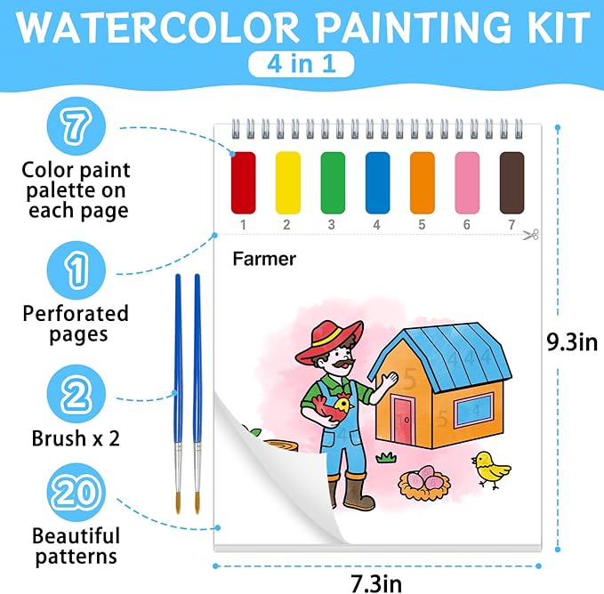Paint with Water Coloring Books for Toddlers,Mess Free Watercolor Painting Papers for Kids Water Color Paint Kit Art Craft Birthday Gift for Ages 1-3, 4-8(Farm)