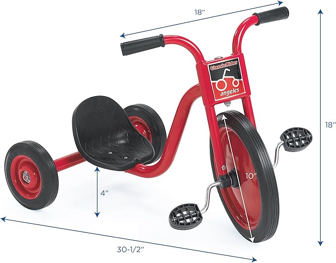 CLASSICRIDER Toddler Trike, Kids Tricycle for Riders Ages 3 and up, Preschool, Daycare, Playground Kids Tricycles, Rubber Tires, Red/Black, 10" Pedal Pusher LT