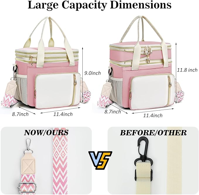 LOKASS Lunch Box & Lunch Bag for Women Men Double Deck, Large Insulated Adult Lunch Box Leakproof Lunchbox Cooler Bag for Work Picnic Beach,（Pink&White 16L）