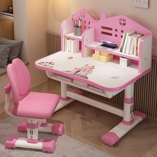 Kids Adjustable Study Desk & Chair Set w/ Storage,Drawers,Bookshelf,Child Toddler Writing Homework Table,Little Girl Work Computer Desk,Princess Preschool Table,Escritorio Mesas Para Niña (Pink B)