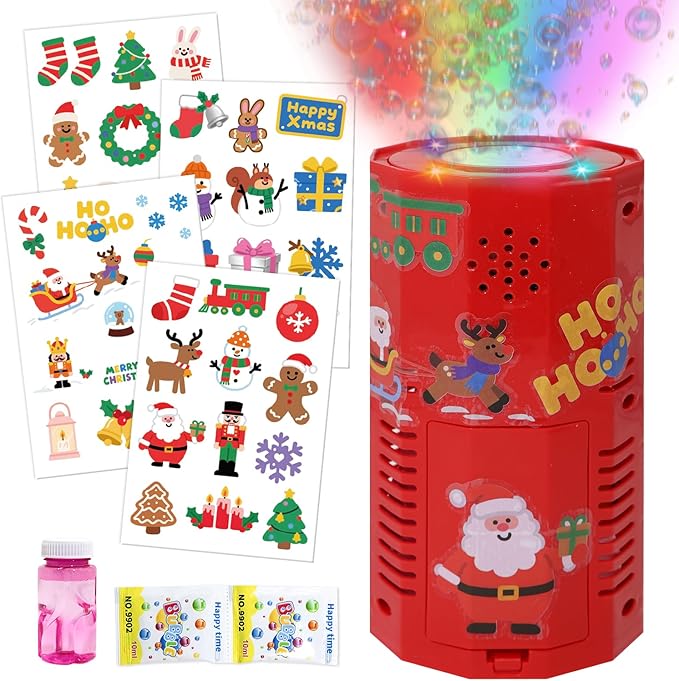 Fireworks Bubble Machine for Christmas, Musical Bubble Blower Machine with Flashing Lights and DIY Stickers, Automatic Bubble Maker for Kids & Adults Festive Fun (Christmas)