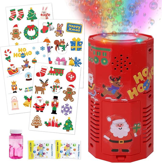 Fireworks Bubble Machine for Christmas, Musical Bubble Blower Machine with Flashing Lights and DIY Stickers, Automatic Bubble Maker for Kids & Adults Festive Fun (Christmas)