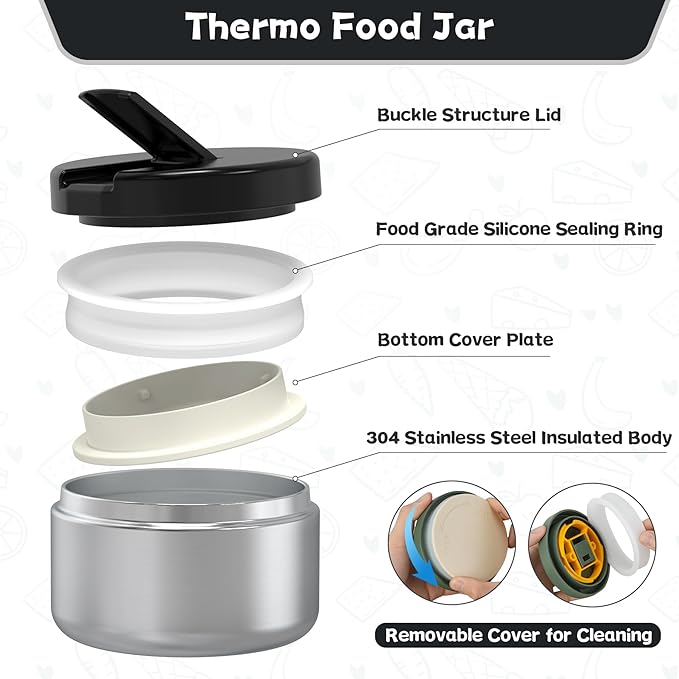 Kids Bento Lunch Box with 8oz Soup Thermo, Kids Leakproof Lunch Food Containers with 4 Compartment,Insulated Hot Food Jar with Lunch Bag for School, Travel (Black)