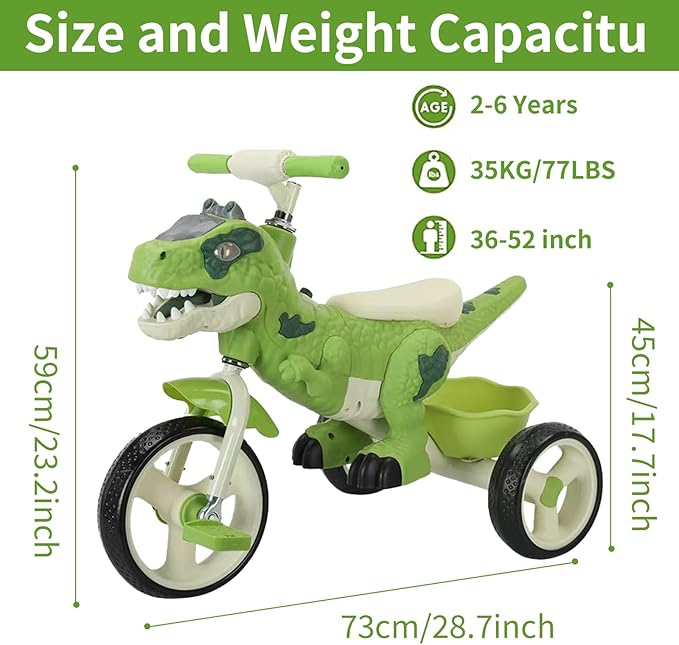Dinosaur Kids Tricycle for Rider, Toddlers 2-6 Years - Trike Bike with Music, LED Lights, Storage Basket & Rubber Wheels | Indoor/Outdoor Big Wheels Bike Gift for Boys & Girls