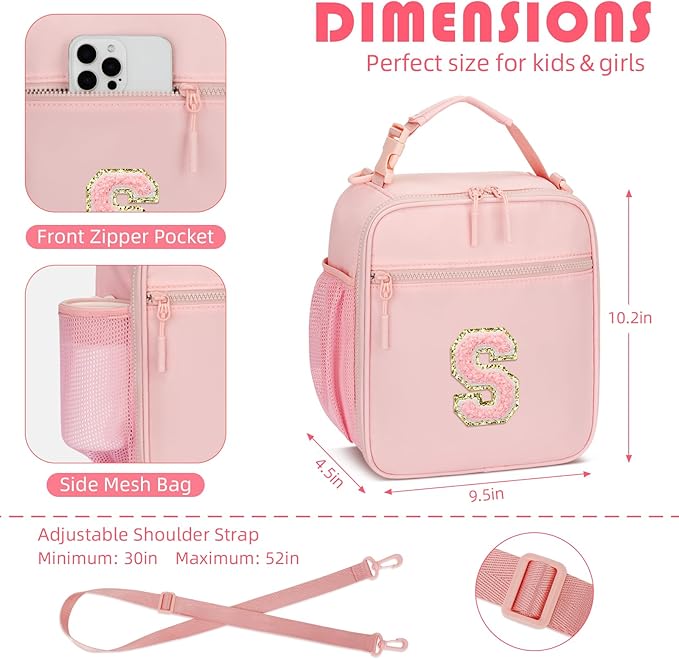 Initial Insulated Lunch Bag for Girls Kids, Back to School Gift, Reusable Leak-proof Lunch Box with Adjustable Strap for School Daycare Travel Picnic (Pink,S)