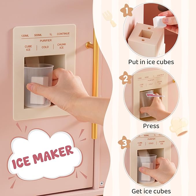 ROBOTIME Kids Play Kitchen, Modern Pretend Wooden Toy Kitchen with Ice Maker, Coffee Maker, Oven, Microwave, Toaster, Stove, Dishwasher & Sink, Complete Kitchen Playset for Ages 3+ (Pink)