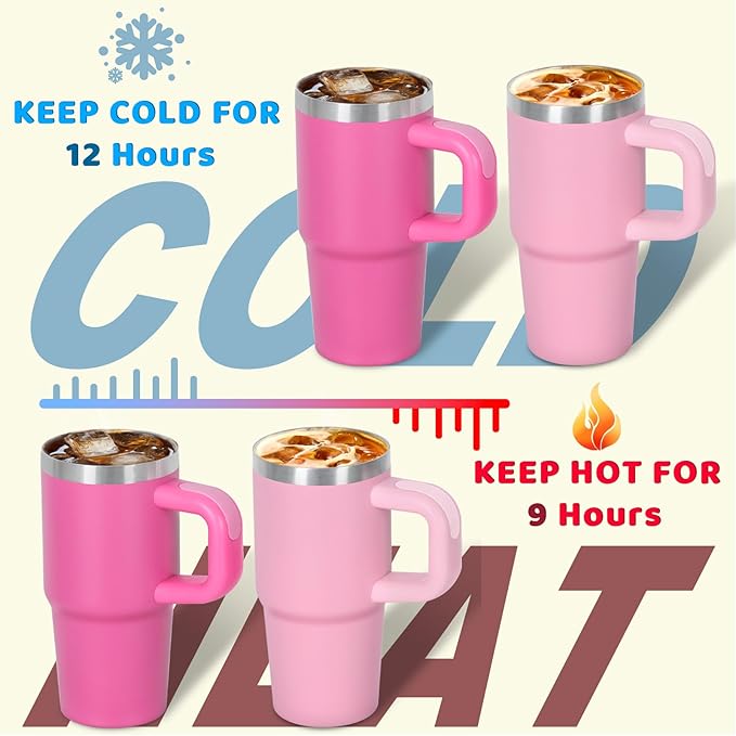 Cosictic 14 Oz Tumbler with Handle and Straw for Kids, Stainless Steel Double Wall Vacuum Insulated Cup for Children, 2 Pack 14 Oz Cups for Kids (Pink and Hot Pink)