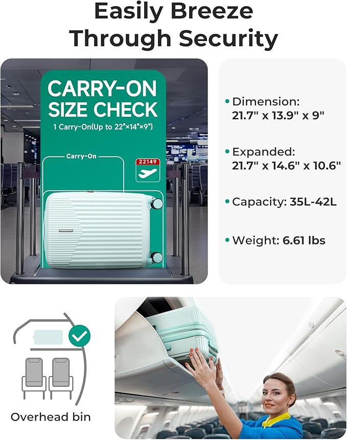 BAGSMART Carry On Luggage 22x14x9 Airline Approved with Spinner Wheels,100% PC Hardside Expandable Luggage with TSA Lock for Trips, 20 Inch Rolling Suitcases for Men Women,Green
