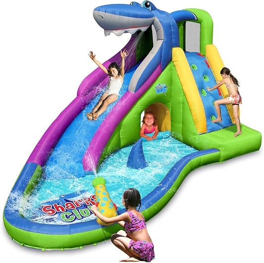 ACTION AIR Inflatable Waterslide-NO Blower Shark Bounce House for Kids, Wet and Dry Water Slide, 580W/0.8hp Air Blower Needed to Operate, Water Gun & Splash Pool Without Blower