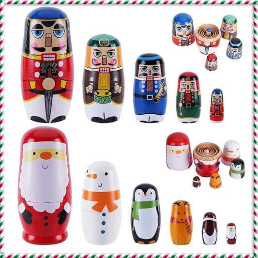 Chirstmas Russian Nesting Dolls, 2 Pack Wooden Handmade Nested Set Matryoshka Dolls, Russian Stacking Dolls Toys for Kids Toddlers Happy Chirstmas Home Decoration Gift(Santa Nutcracker)