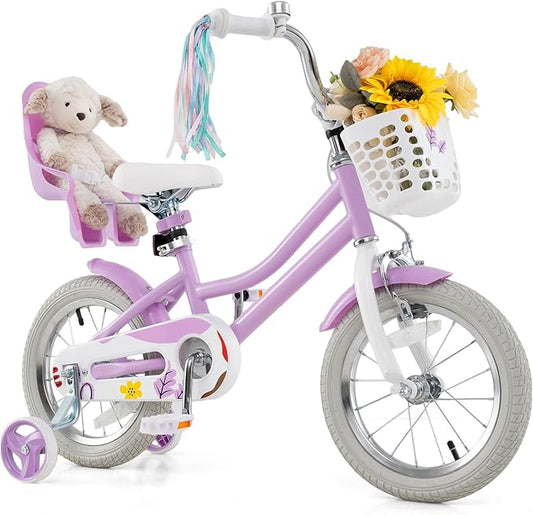 BABY JOY Kids Bike, 12 14 16 18 Inch Children Bicycle w/Detachable Training Wheels, Storage Basket, Adjustable Seat & Handlebar, Bow or Streamer, Girls Bike for 3-8 Years Old