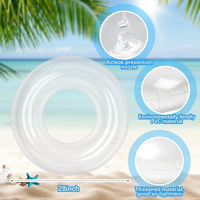 6 Pcs Inflatable Pool Floats 28 Inches Swim Tube Bulk for Adults Swimming Ring Pool Floaties for Beach Party Decorations Women and Men River Lake Summer Vacation Holiday (Clear)