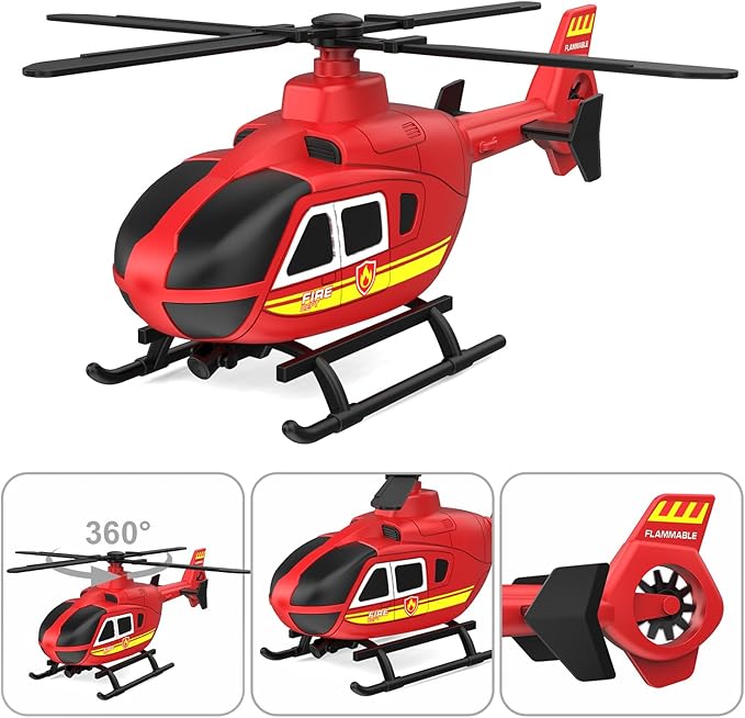 22" Semi Fire Truck Toy with Helicopter for Kids Toddlers - Fire Police Car Toys, Birthday for Boy Girl Child 3 4 5 6 7 Years Old