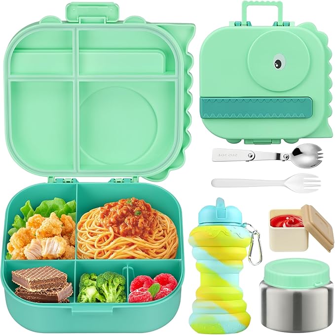 Dinosaur Lunch Box for Kids with Secret Compartment | 4 Compartments Bento Box + 12oz Insulated Food Jar | Leak-Proof Sauce Cup & Collapsible Spoon | BPA-Free, Dishwasher Safe(Green-01)