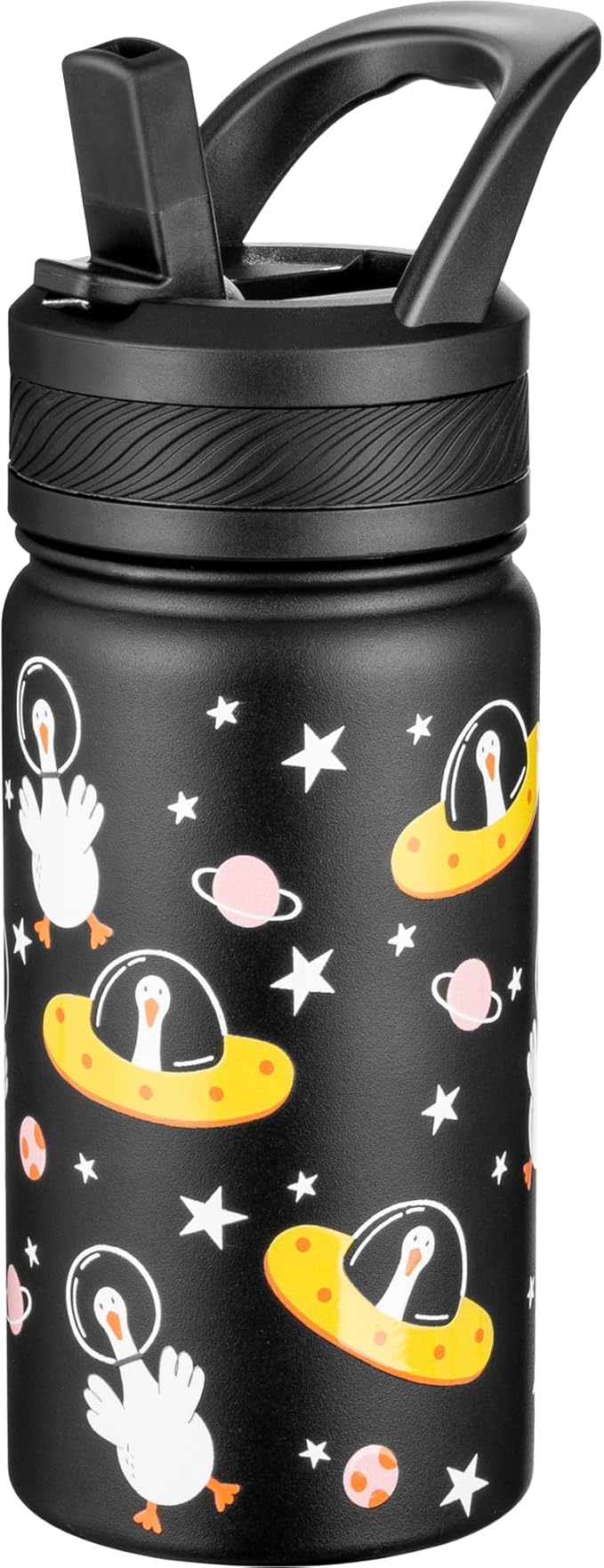 Fanhaw 14 Oz Kids Insulated Water Bottle with Straw - Stainless Steel Double Wall Vacuum Cup, Leakproof, BPA Free, Suitable for Boys and Girls(Black - Duck in Space)
