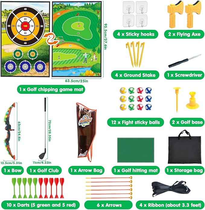 4 in 1 Golf Bow and Arrow Game Mat Set for Kids, Bow and Arrow for Kids with Target, Indoor Golf Games Chipping, Golf Club, 20 Sticky Balls, Toy Bow, 6 Felt Arrows,Outdoor Toys