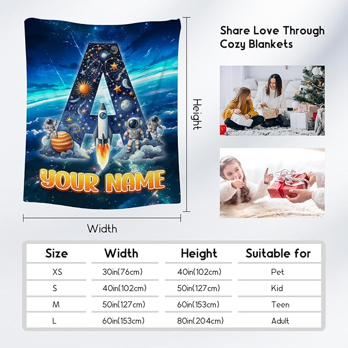 Boys Blanket - Personalized Planet Gifts with Name for Kids - Custom Monogram Blanket for Son Daughter - Warm Fuzzy Flannel Throws - 4 Sizes for Toddler/Children/Teens/Adults