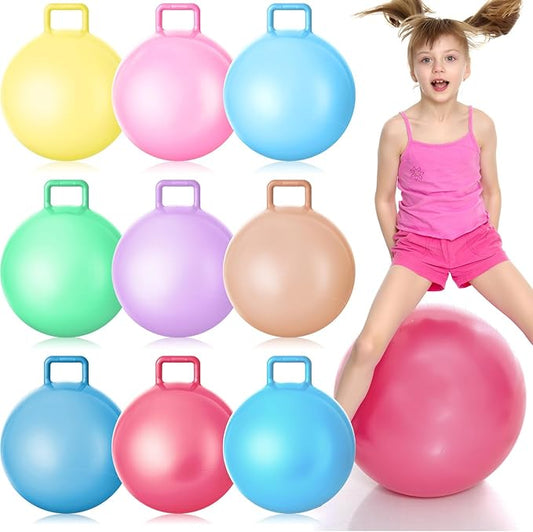 Meooeck 9 Pcs Hopper Ball Carnival Outdoor Game 22 Inch Jumping Hopping Outdoor Bouncy Ball with Handles and Air Pump for Sports School Games Exercise(Macaron Color)