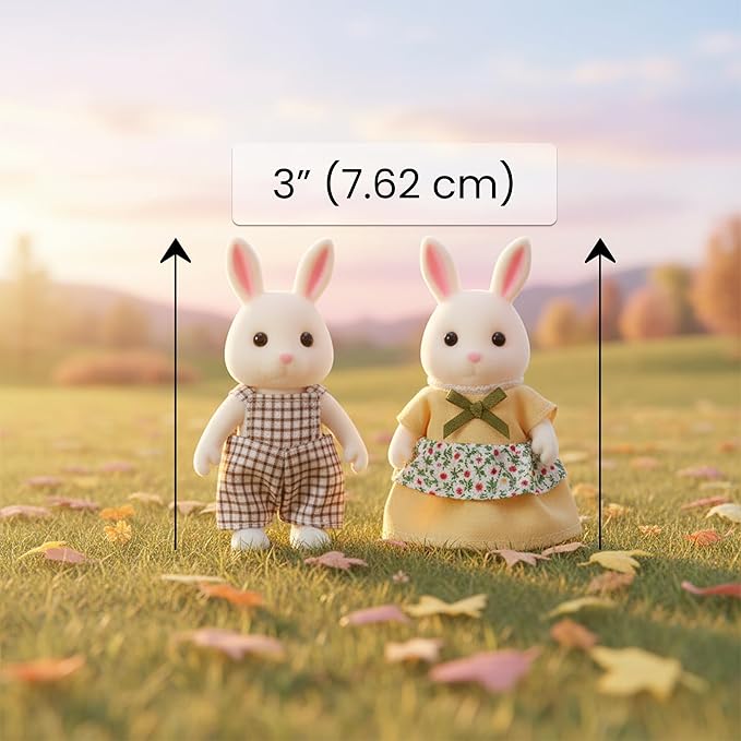 Family White Rabbit Figures — Set of 2 Collectible Flocked Mini Dolls with Removable Clothes, Miniature Dollhouse Pretend Play Figures for Kids Ages 3+