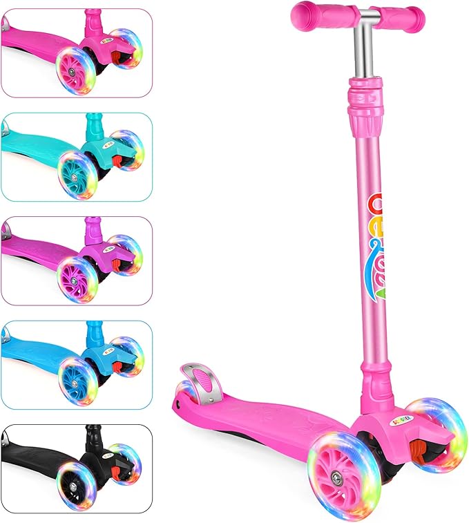 BELEEV Scooters for Kids 3 Wheel Kick Scooter for Toddlers Girls Boys, 4 Adjustable Height, Lean to Steer, Light up Wheels, Extra-Wide Deck, Easy to Assemble for Children Ages 3-12 (Rose Pink)