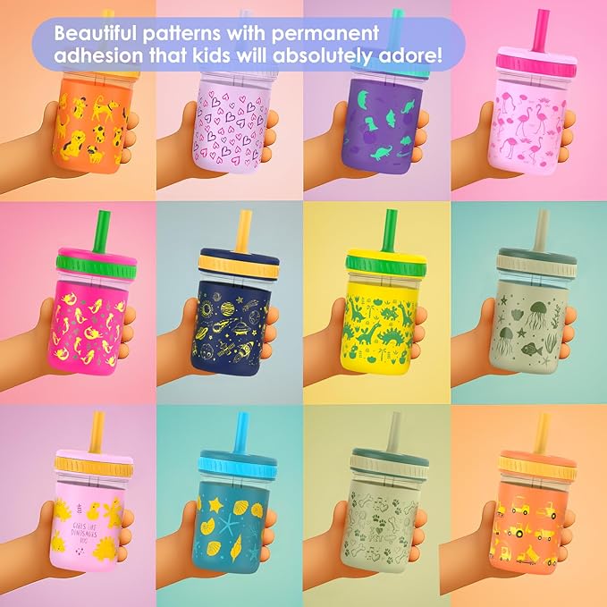 Sursip Toddler Glass Sippy Cups, Kids Baby 12 oz Spill-Proof Water Tumbler with Straw and Lids, Smoothie Snack Mason Jar For Travel School or At Home, 4 Packs