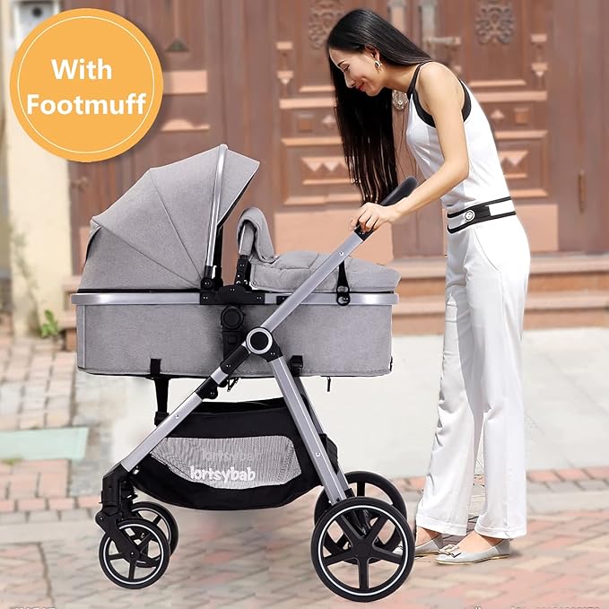 2-in-1 Baby Stroller - Folding Infant Newborn Pram Stroller with Reversible Seat - Toddler Strollers for 0-36 Months Old Babies (Grey)