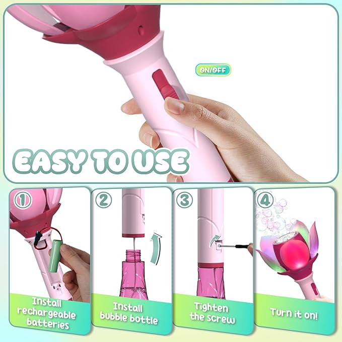 PANACARE Bubble Wand Blower for Kids Handheld Lotus Bubble Wand Automatic Bubble Machine with Battery/Light/10000+Bubbles/Bubble Solution Bubble Toy Gift for Girl Boys Party Weddings Outdoor Indoor