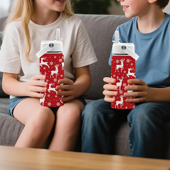Christmas 16 oz Water Bottle with Straw Lid, Stainless Steel Insulated Tumbler, Deer Water Bottles, Reindeer Cup Gifts for Christmas Birthday (1pcs)