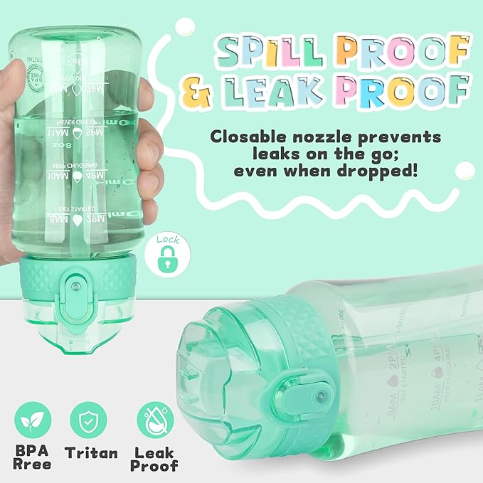 OLDLEY 12oz Kids Water Bottle for school Girls Boys, Motivational Water Bottles With Silicone Straw, Leak-Proof Tritan BPA-Free, Reusable water bottles for kids, Glow Green