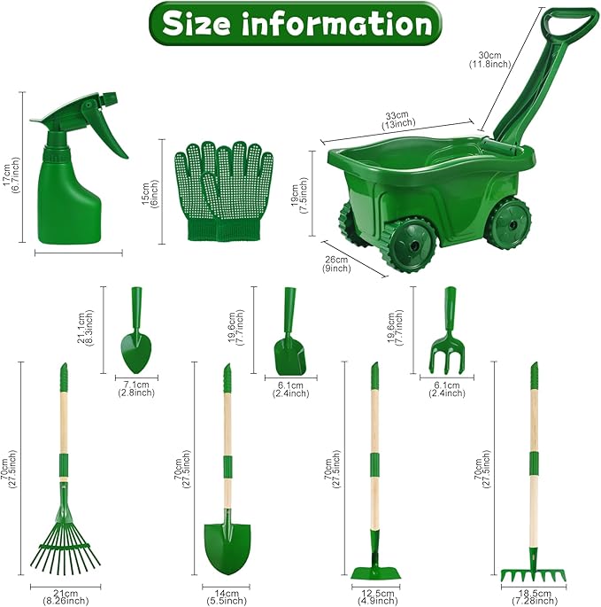 Duckura Kids Gardening Tools Set - 10pcs Wheelbarrow Set for Kids with Shovel, Rake, Leaf Rake, Summer Outdoor Yard Digging Weed Toys, Halloween Birthday Gifts for Boys Girls Age 2 3+ Years Old(Green)