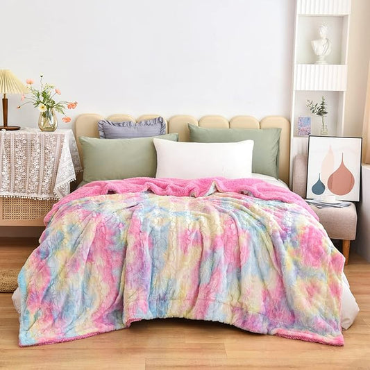 NEWCOSPLAY Super Soft Faux Fur Blanket Queen Size Light Rainbow Sherpa Fuzzy Plush Warm Blanket for Sofa Bed (Light Rainbow, Queen(90"x90"))