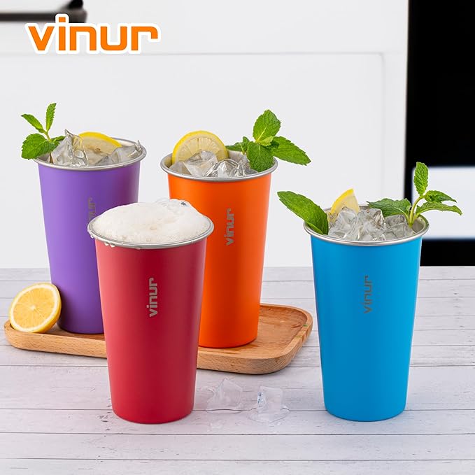 VINUR 20 oz Stainless Steel Cups 4 Pack Pint Tumbler Stackable Metal Drinking Glasses for Travel, Camping, Outdoors (Purple-Orange-Sky Blue-Canyon Red)
